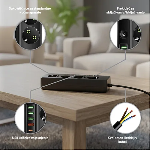 Razvodnik sa 4 mesta 2m 1.5mm2+pr. 4xUSB+tip C NV492U-2/BK