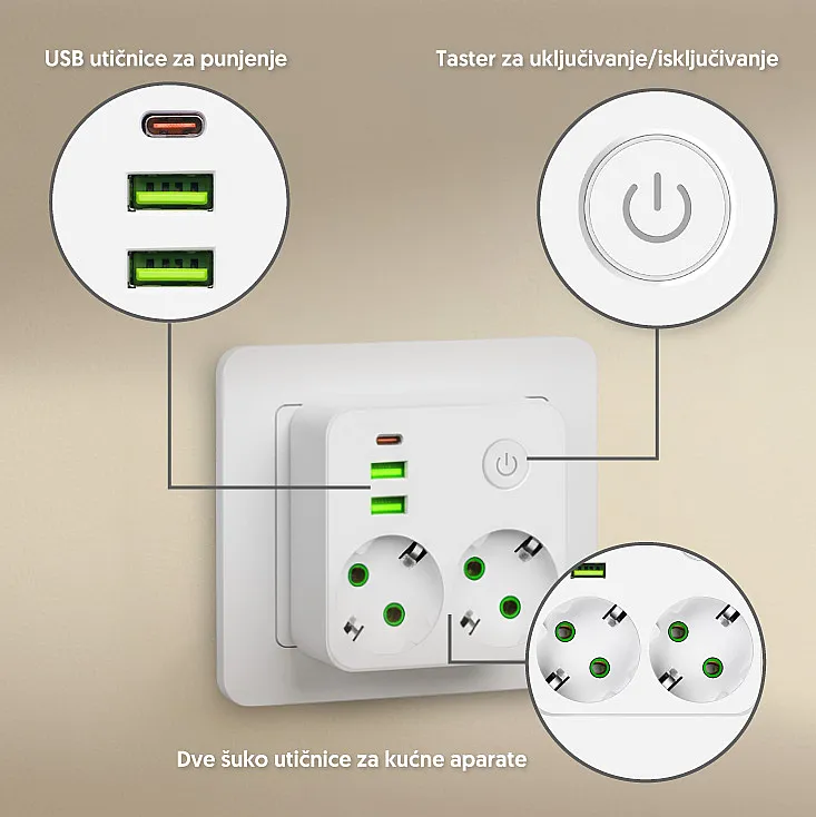 Strujni razdelnik 2 utič. + prekidač, 2xUSB+tip CNV86U/WH