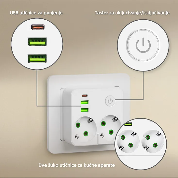 Strujni razdelnik 2 utič. + prekidač, 2xUSB+tip CNV86U/WH