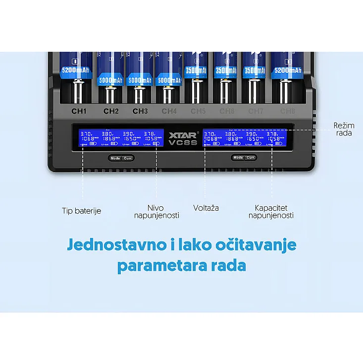 Univ. punjač akumulatora do 8 kom. sa displejem XTAR-VC8S