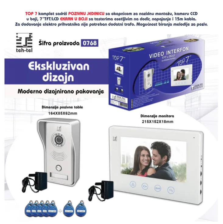 Kolor video interfon, RFID čitač T768