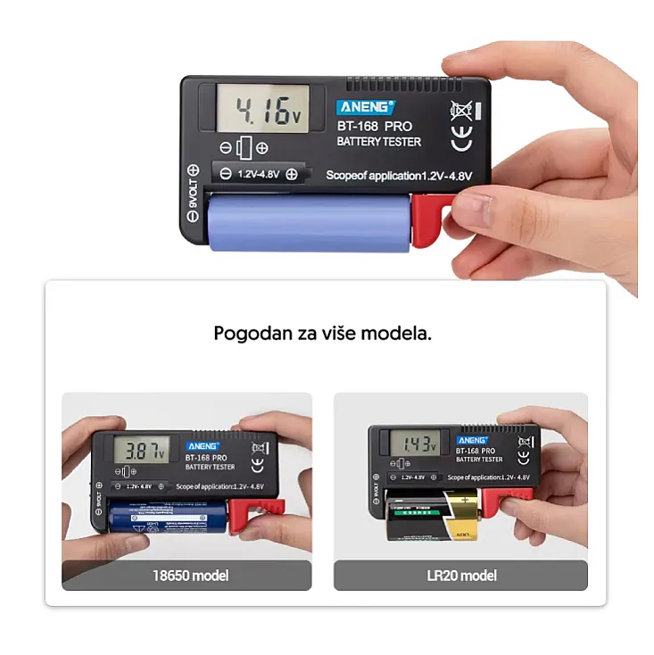 Tester baterija 1.5V(AA,AAA,C,D), 9V, 3.7V Li-Ion BT-168