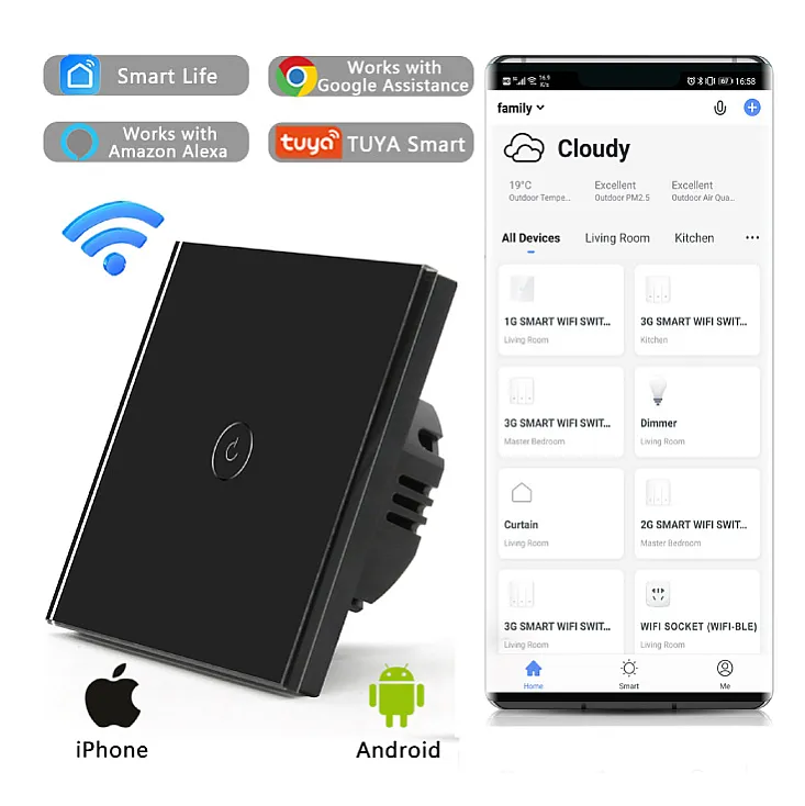 Wi-Fi smart prekidač svetla sa N provodnikom 1x5A WFPS-N01/BK