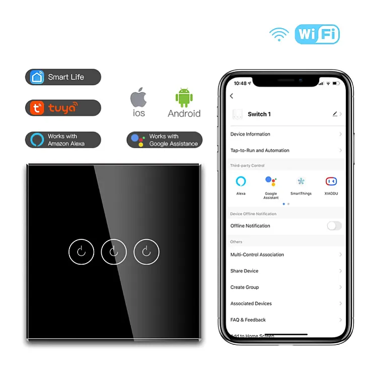 Wi-Fi smart prekidač svetla sa N provodnikom 3x5A WFPS-N03/BK