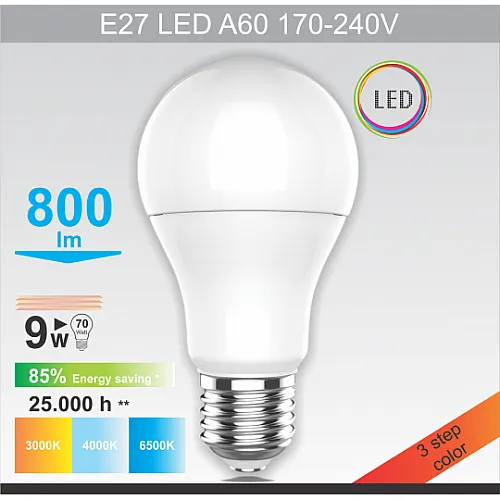 LED sijalica 9W A60 3000/4000/6500K 3CCT 3 u 1 170~240V E27