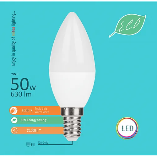 E14 7W C37 3000K LED ECO sijalica 220-240V