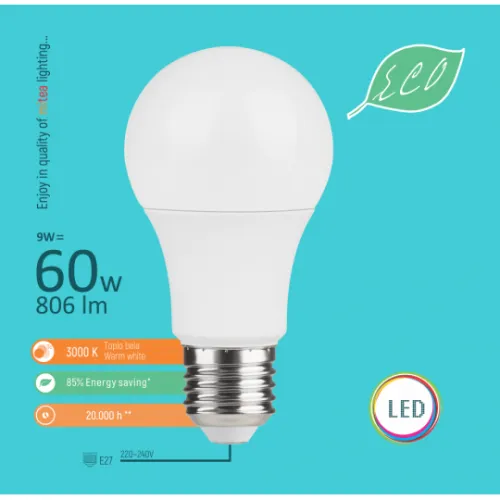 LED ECO sijalica E27 9W A60 3000K 220-240V