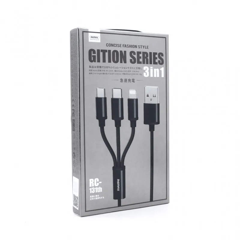 Kabel Remax Gition RC-131 3u1 za iPhone Lightning/ Micro USB/ Type-C crni 1m